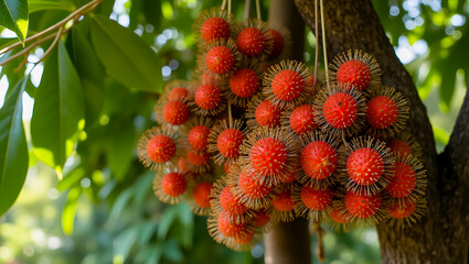 Rambutan Fruits Growing in Clusters on Tree Surrounded by Lush Green Leaves in Tropical Sunlight