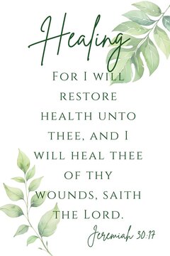 Healing Scripture Green Watercolor Leaf Print,  For I will restore health unto thee, and I will heal thee of thy wounds, saith the Lord. Jeremiah 30:17