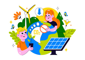 Naklejka premium Carbon Footprint Reduction Illustration featuring Environmental Pollution Effect Analysis with CO2, Impact on Nature, Climate, and Global Eco Balance