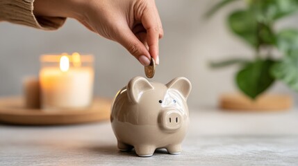 close-up shot of a hand placing a coin into a piggy bank