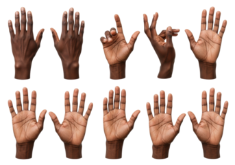 Multiple adult african american hands in various static poses, hyper-detailed dark brown skin texture visible, macro top-down view on a transparent isolated background with copy space, concept of