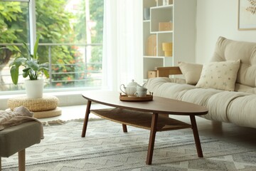 Coffee table, sofa and decor in dining room. Interior design