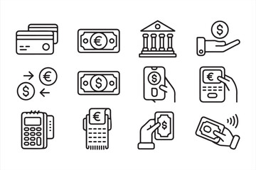 Set of icons representing mobile payments, credit card, and cash transactions