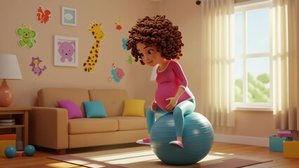 3D cartoon pregnant woman exercising on stability ball in bright children's room - Powered by Adobe