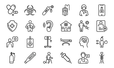 Healthcare and Medical Line Icon Pack – Virus Test, Nurse, Health Report, Mobile Medicine App, Injection, Thermometer, Mental Health, Health Law, and Emergency Equipment Symbols

