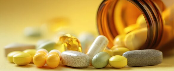 The vibrant array of pills and supplements spilling from an amber bottle.