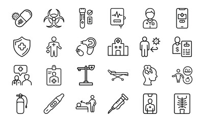 Healthcare and Medical Line Icon Pack – Virus Test, Nurse, Health Report, Mobile Medicine App, Injection, Thermometer, Mental Health, Health Law, and Emergency Equipment Symbols


