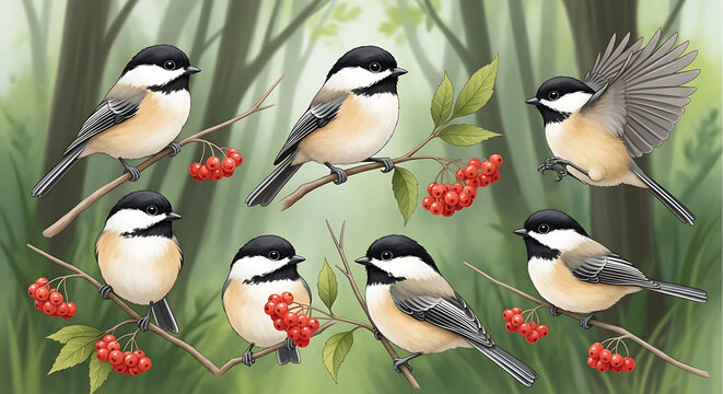 Illustration of group of chickadees perched on branches with red berries