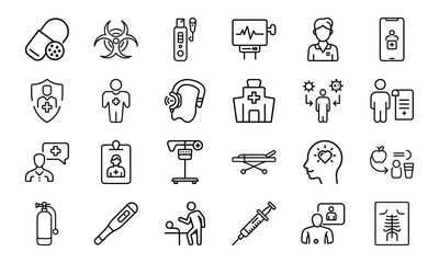 Healthcare and Medical Line Icon Pack – Virus Test, Nurse, Health Report, Mobile Medicine App, Injection, Thermometer, Mental Health, Health Law, and Emergency Equipment Symbols

