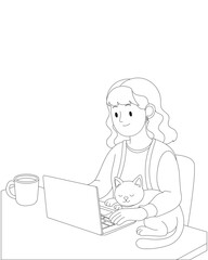 Minimal line art of a girl working from home with a cat resting on her lap and coffee on the table. Clean and cozy interior scene with a relaxed, focused, and peaceful mood.