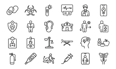 Healthcare and Medical Line Icon Pack – Virus Test, Nurse, Health Report, Mobile Medicine App, Injection, Thermometer, Mental Health, Health Law, and Emergency Equipment Symbols

