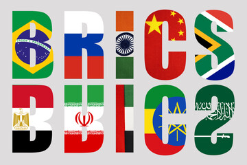 BRICS countries. National flags, icons set. images of flags of Brazil, Russia, South Africa, India, China, Egypt, Iran, UAE, Ethiopia, Saudi Arabia and Indonesia.
