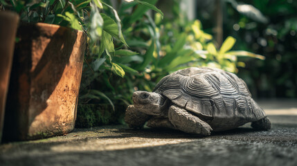 Naklejka premium ai tortoise exploring a lush garden path in bright sunlight during midday hours, showcasing vibrant green foliage