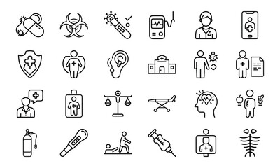 Healthcare and Medical Line Icon Pack – Virus Test, Nurse, Health Report, Mobile Medicine App, Injection, Thermometer, Mental Health, Health Law, and Emergency Equipment Symbols

