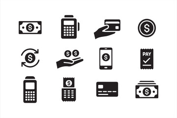 Black icons representing payment methods like mobile, card, and cash transactions