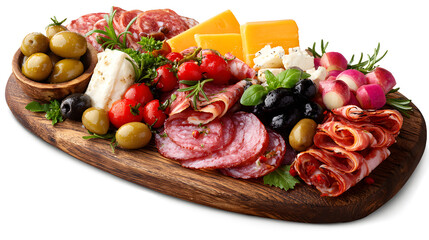 Savoury Charcuterie Board Covered in Meats Olives Peppers, Berries, and Cheese isolated on a white background