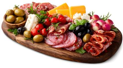 Savoury Charcuterie Board Covered in Meats Olives Peppers, Berries, and Cheese isolated on a white background