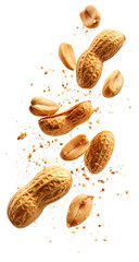 Shelled peanuts in mid-air, scattered with peanut meal