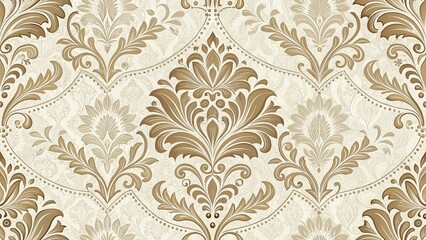 A classic damask seamless wallpaper texture in a gold and beige palette, featuring a rococo style floral medallion pattern, suitable for websites or blogs about luxury, interior design, or weddings.

