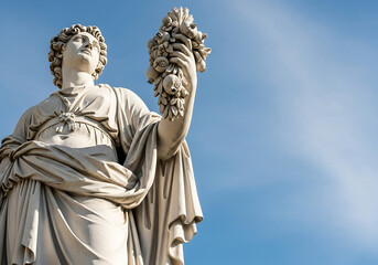 Illustration of closeup of a classical stone sculpture against a blue sky