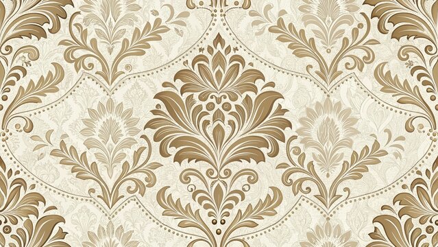 A classic damask seamless wallpaper texture in a gold and beige palette, featuring a rococo style floral medallion pattern, suitable for websites or blogs about luxury, interior design, or weddings.

