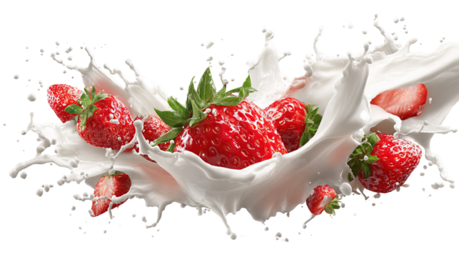 Strawberry falling into milk