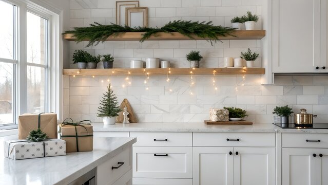 Elegant Festive Kitchen with Marble Backsplash and Warm Lighting