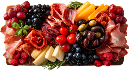 Savoury Charcuterie Board Covered in Meats Olives Peppers, Berries, and Cheese isolated on a white background