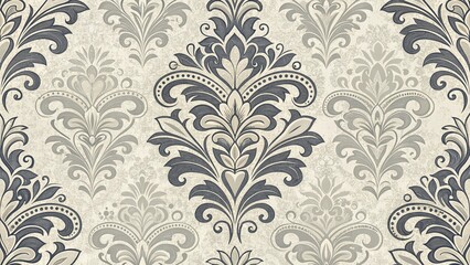 detailed baroque seamless pattern with damask floral motifs in gray and cream colors. This image can be used as a background on websites or blogs about interior design, luxury goods, fashion