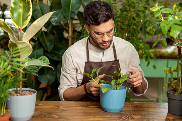 Young man in eyeglasses working in the flower shop and looking busy
