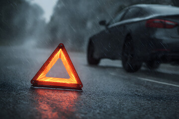 High-Quality Emergency Warning Triangle on Rainy Road Modern Professional Transportation Safety for Millennial Drivers Marketing and Social Media Campaigns