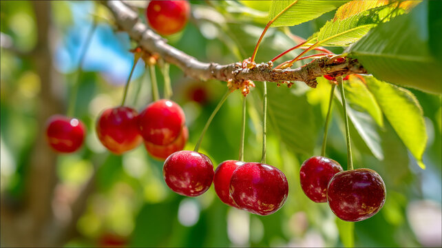 Ripe red cherries hanging on tree branch with green leaves in sunlight