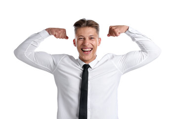 Strength. Happy businessman showing his biceps on white background