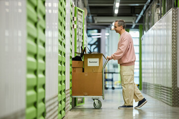Middle aged man pushing cart loaded with cardboard boxes toward storage unit, opening green door, standing in brightly lit corridor, organizing personal belongings