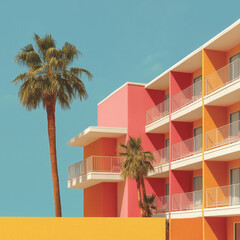 retro-style hotel with pink, orange, and yellow tones stands under a clear blue sky, flanked by tall palm trees in a sunny setting