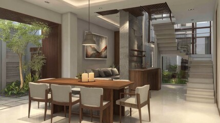 Spacious modern dining area with a spiral staircase.