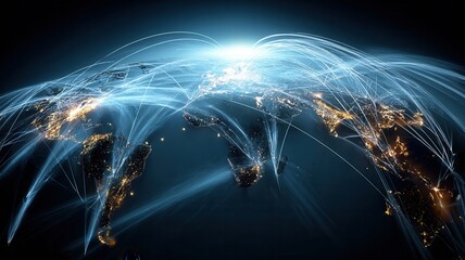 Luminous lines are connecting different parts of europe at night, symbolizing data exchange and global communication