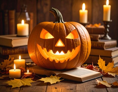 A close-up of a carved pumpkin with a creepy smile, candle glowing inside, surrounded by fallen autumn leaves and old books, dark wooden table, low light
