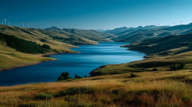 Scenic Mountain Lake with Wind Turbines