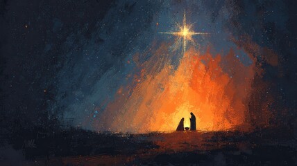 Artistic painting of the christmas nativity scene, featuring mary, joseph, and baby jesus with a bright star shining above