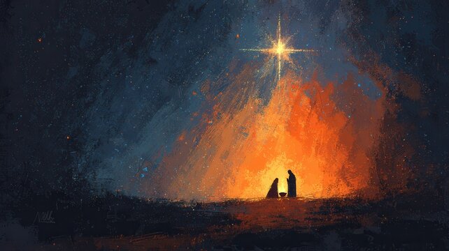 Artistic painting of the christmas nativity scene, featuring mary, joseph, and baby jesus with a bright star shining above
