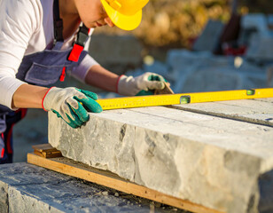 Torso of person painting edge lines on stone stairs,