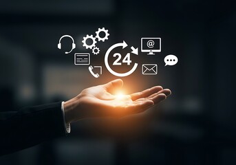 Hand displaying a 247 customer service and support concept with various communication icons