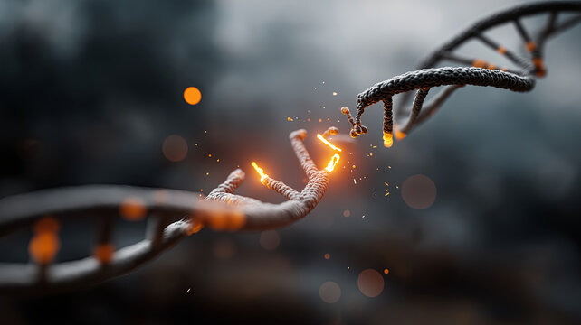 Digital art depicting CRISPR gene editing, with a DNA strand being broken and glowing with a fiery orange light, symbolizing genetic modification. - Powered by Adobe