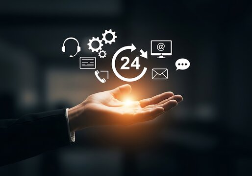 Hand displaying a 247 customer service and support concept with various communication icons