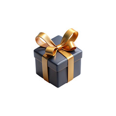 Obraz premium A dark blue gift box tied with a shiny golden ribbon and a bow isolated on transparent background