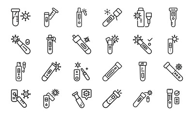 Healthcare and Medical Line Icon Pack – Virus Test, Nurse, Health Report, Mobile Medicine App, Injection, Thermometer, Mental Health, Health Law, and Emergency Equipment Symbols

