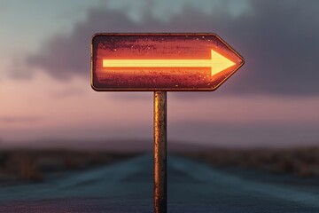 Glowing orange arrow sign pointing right on a pole at dusk with a road ahead