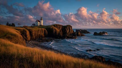 Lighthouse on coastal cliff at sunset