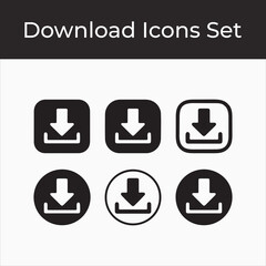 Six black download icons with arrows pointing down in rounded squares and circles graphic symbol